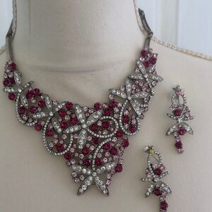 Elegant Pink and Silver Floral Necklace and Earring Set
